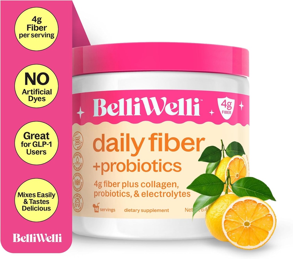 BelliWelli Fiber Supplement for Women & Men – Premium Daily Fiber Powder from Organic Acacia with Added Collagen, Electrolytes & Probióticos – Sem Bloat, Obstipation & Gut Health Support (Orange Yuzu)