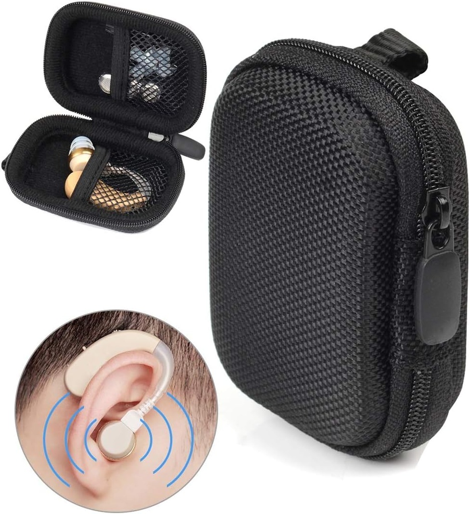 Caso protetor projetado para aparelho auditivo, amplificador auditivo, amplificador de som pessoal, dispositivo auditivo, dispositivo auditivo, caixa de mini forte com bolso de malha, design universal (Ballistic Black)