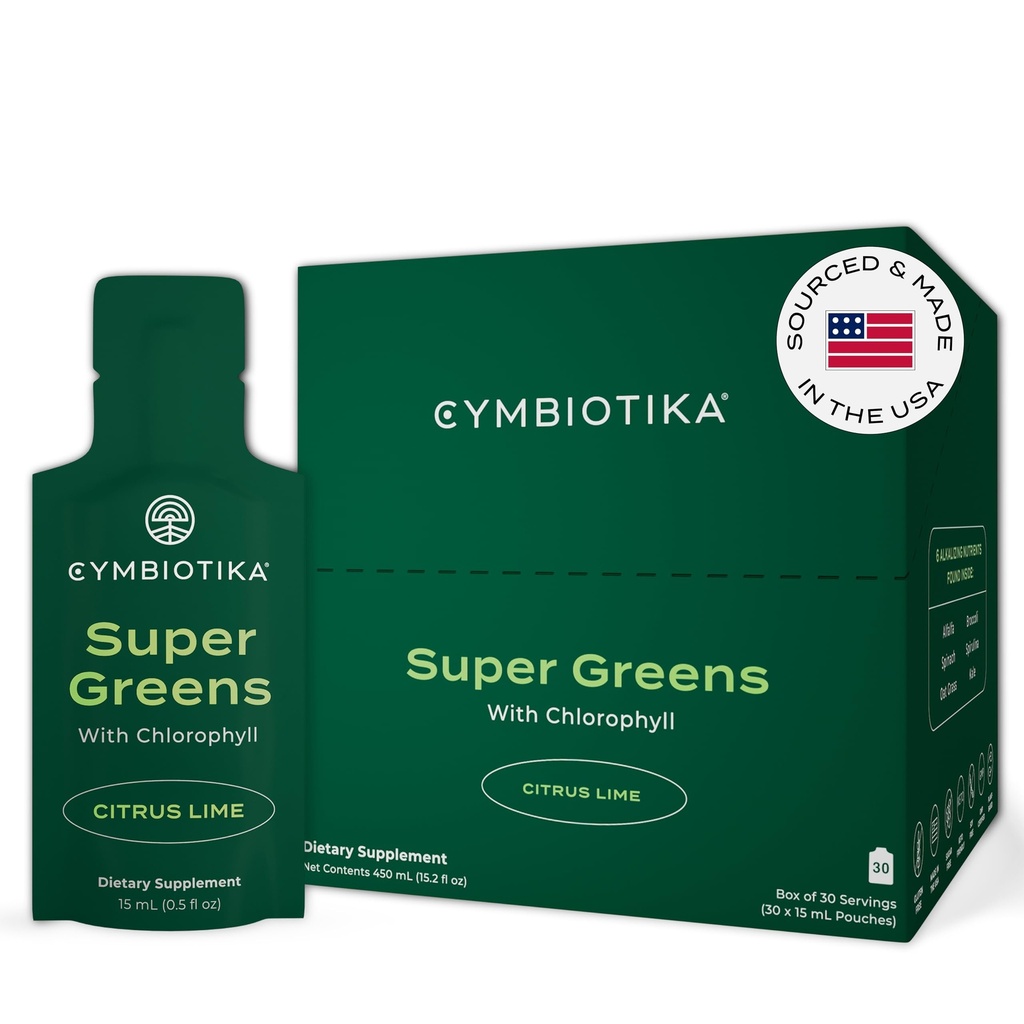 CYMBIOTIKA Super Greens Supplement com clorofila, espirulina, Daily Vegan Superfood Packets para Digestive Gut Health, Detox, Energia e Imune Support, Citrus Lime Flavor, 15 mL Pouches, 30 Pack
