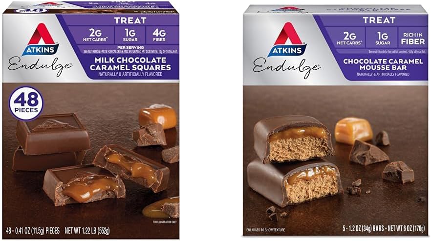 Atkins Endulge Milk Chocolate Caramel Squares 48 Count & Chocolate Caramel Mousse Bares 5 Count Bundle