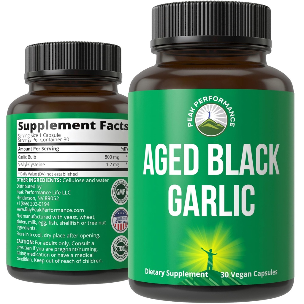 Peak Performance Aged Black Alho Cápsulas. Pílulas de Extrato Puro Vegan Puro Odorless para Colesterol, e Suporte Imune. de Bolbo de Alho com S-Ally Cysteine e antioxidantes