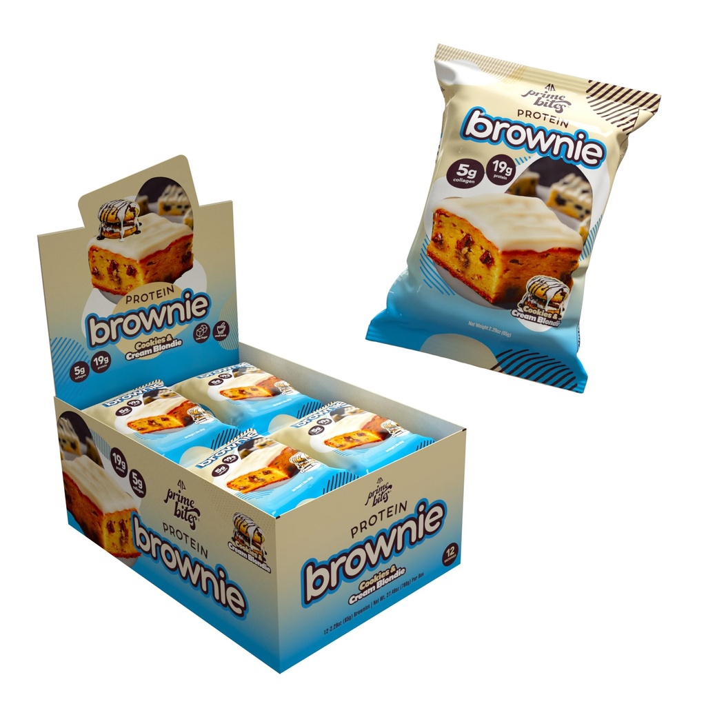 Prime Bites Protein Brownie de Alpha Prime Supplements (Alta Proteína, Colágeno Fortificado Baixo Açúcar Trate (Cookies & Cream Blondie)
