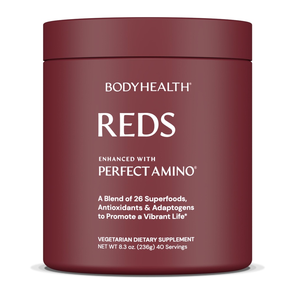BodyHealth Reds Melhorado com PerfectAmino - Superfood diário Smoothie em pó com antioxidantes, adaptogênios, fitonutrientes, frutas, prebióticos, probióticos, fibras e proteínas - 40 Serve