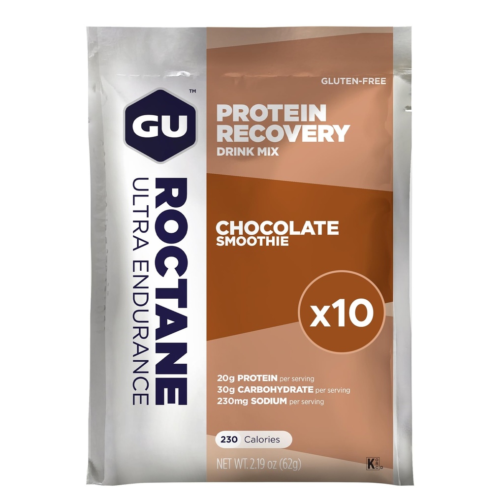 GU Energy Roctane Ultra Endurance Protein Recovery Drink Mix, Gluten-Free e Kosher Dairy, apoio de recuperação após qualquer treino, 10 pacotes de serviço único, chocolate smoothie