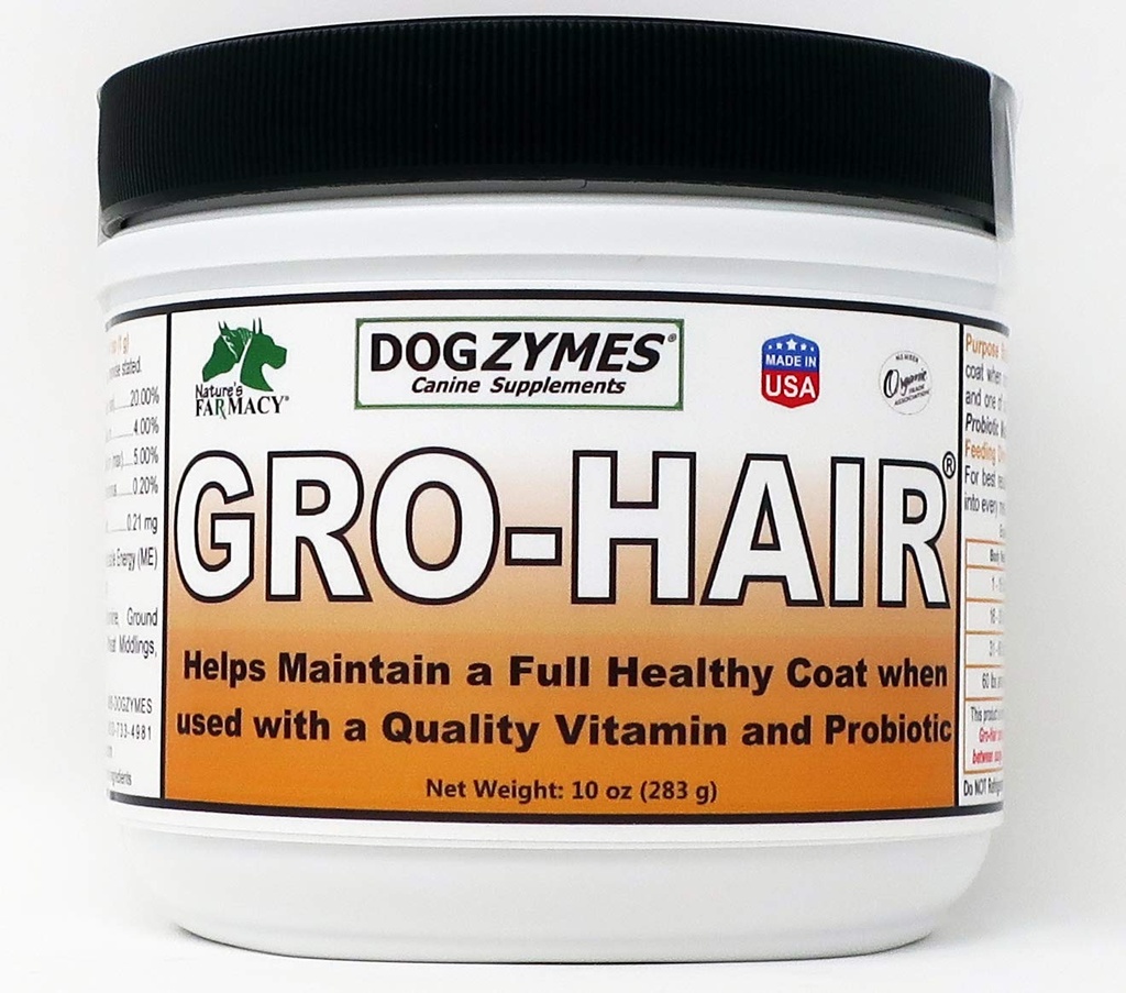 Dogzymes GRO-Hair para o comprimento do casaco ou penas, rápido crescimento do casaco ou quando o casaco esparso e/ou pontos carecas precisam preencher.