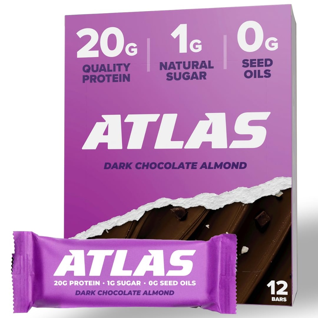 Atlas Bar – 20g Proteína, 1g Açúcar, 0g Óleos de Sementes, 0g Adoçantes Artificiais (Amêndoa de Chocolate Escuro, 12 Count)