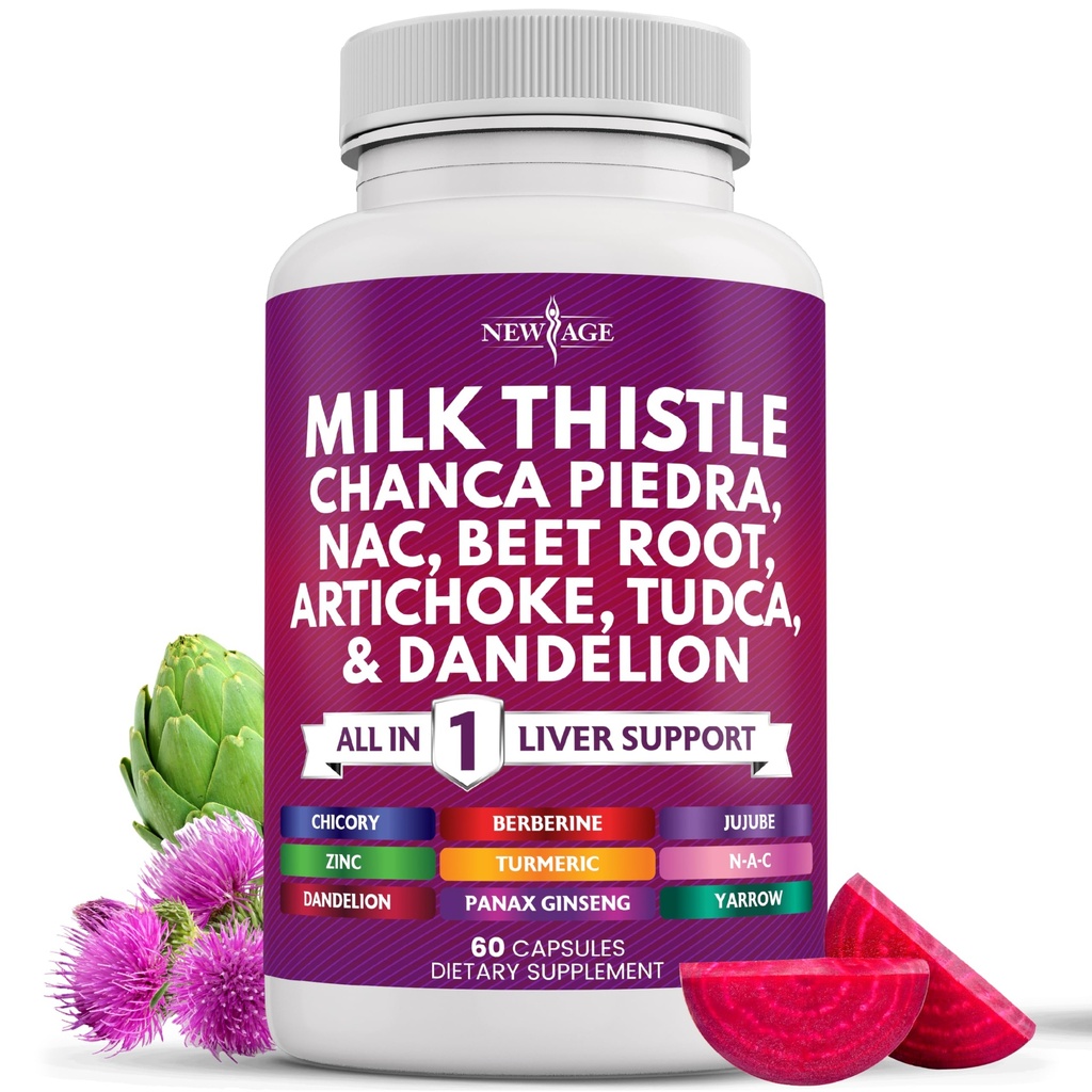 NOVA IDADE Cardo de Leite NAC Chanca Piedra Beterraba Raiz de alcachofra Dandelion Raiz Astragalus - Plus TUDCA & Ginger - 60 Conde