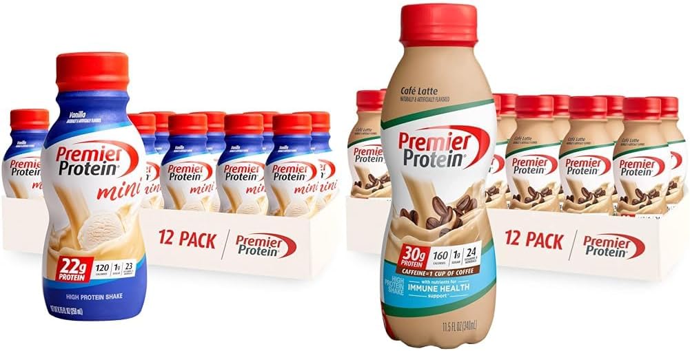 Premier Protein Shake MINIs Vanilla 22g Protein 120 Pacote de calorias de 12 & Café Latte 30g Protein 160 Nutrientes para a Saúde Imune Pack de 12