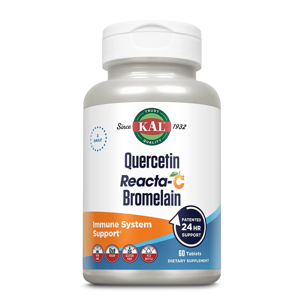 KAL Quercetin Reacta-C Bromelain Imune Suporte Suplemento, 24 horas de defesa imunitária com bioflavonóides, Vitamina C 1000mg e Quercetin 500mg, Vegan, Gluten Free, 60-Day Garantia, 30 Serv, 60 comprimidos