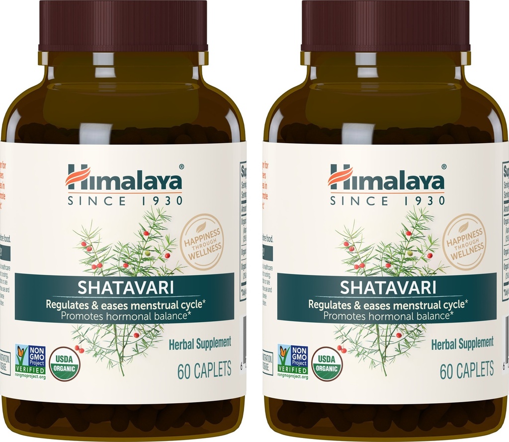 Himalaia Organic Shatavari para PMS, alívio do crânio menstrual, apoio à menopausa e saúde da mulher, 1.300 mg, 60 Caplets, 2 Mês de Fornecimento, 2 Pack