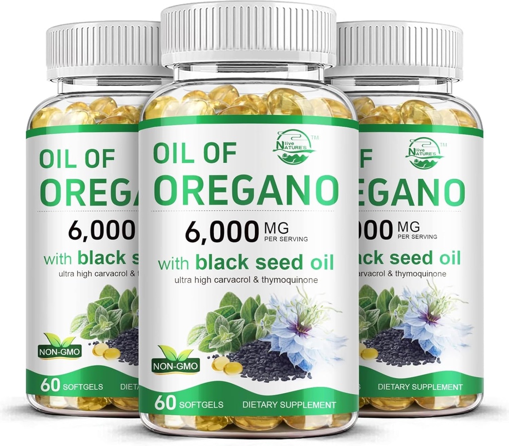 Óleo vivo da natureza de Orégano com óleo de semente preta, 2 em 1 Suplemento de Orégano para a saúde imunitária, mantém Carvacrol altamente concentrado e timoquinona, não-GMO, 3 embalagem