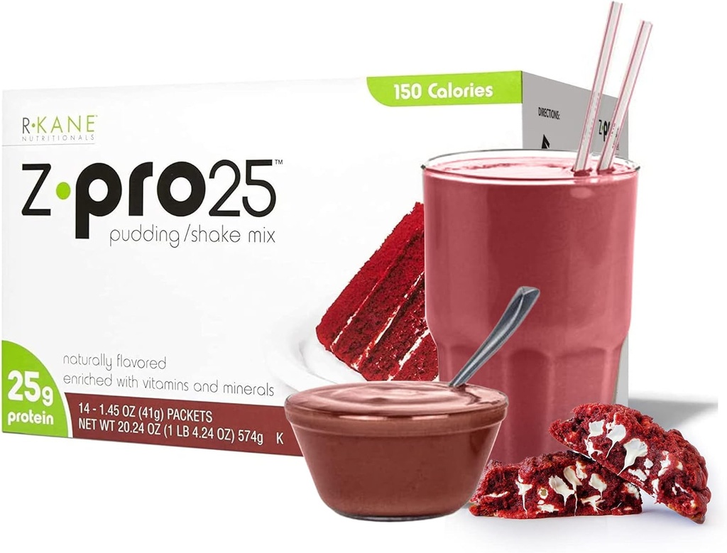 R-Kane Nutritionals Z-Pro Red Velvet Protein Drink Mix - Alta Proteína, Baixa Caloria Baixa Agitação Gordura e Pudding Mix - Substituição de Refeição, Packets On-The-Go - Pequeno-almoço Boost - 25g Protein - 14 Packets