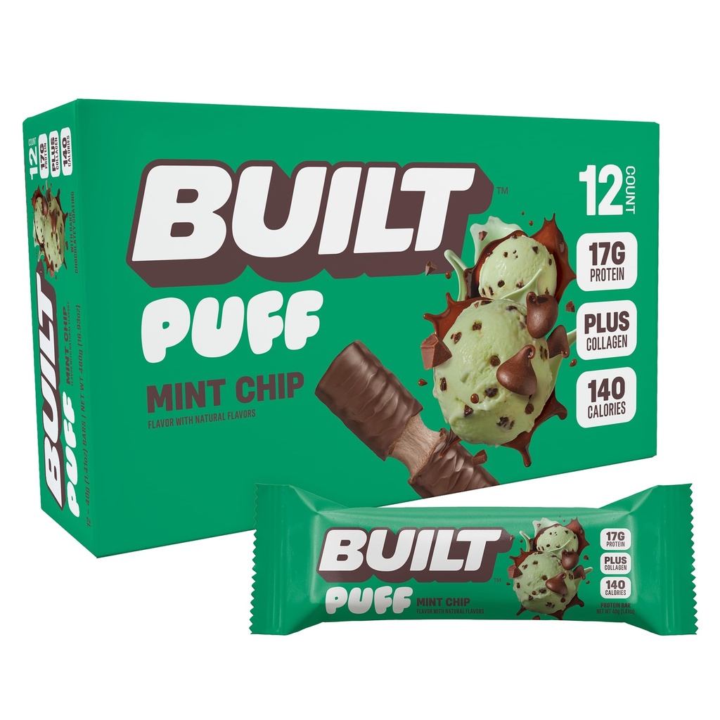 Bar construído, Puff Protein Bars, Mint Chip Puff, 17g Snacks Protein, On-the-Go Bars, Apenas 140 calorias, 6g Açúcar, Colágeno, Gluten Free, 12 Contagem