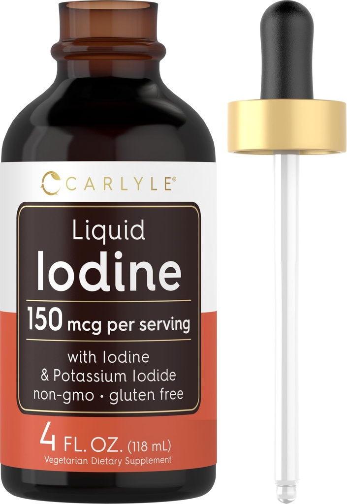 Carlyle Liquid Iodine Drops 4 fl oz 150 mcg Iodine & Potássio Iodeto Supplement □ Tintura Líquida Vegetariana