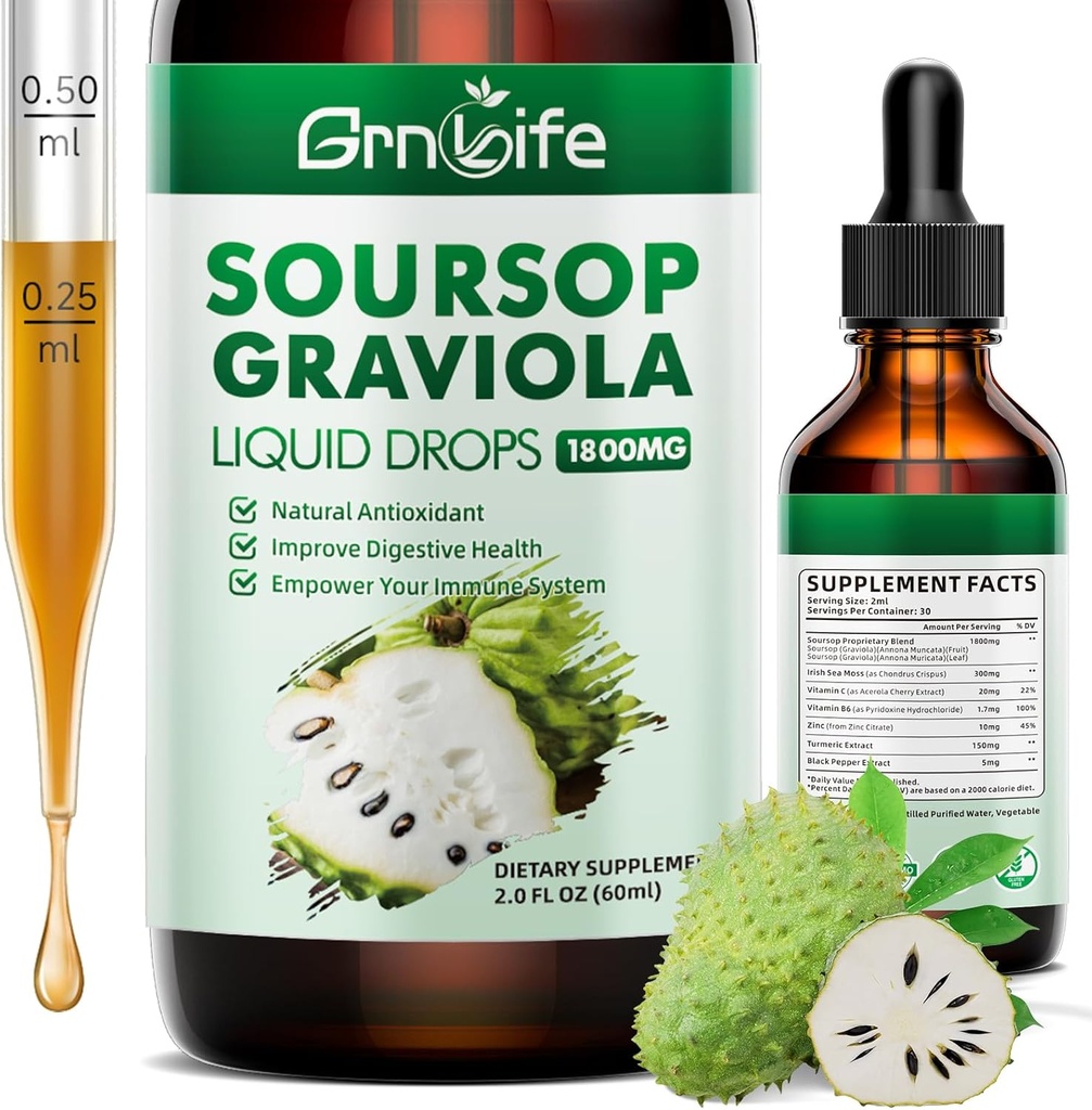 (1 Pack) Sorsop Graviola Liquid Drop com musgo marinho e açafrão, Soursop Bitters Líquido para suporte celular e regeneração, antioxidante e imune, 2 Fl/Oz