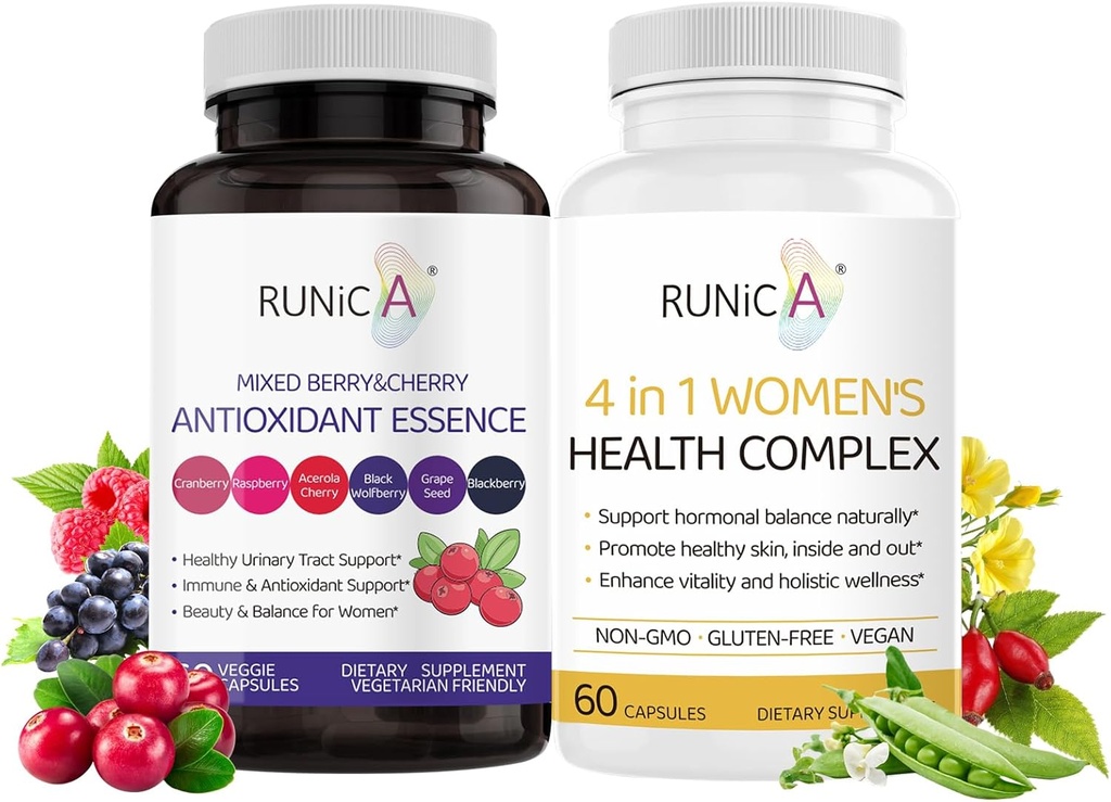 Bem-estar Duo - 4-em-1 Complexo de Saúde e Suplemento Antioxidante para Equilíbrio Hormonal, Pele e Energia, Menopausa e Imune Suporte- Cápsula Vegan