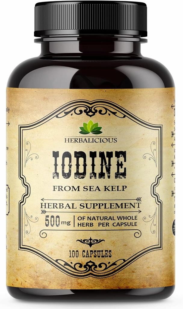 Comprimidos de iodo HERBALICIOUS – Iodo Natural de Sea Kelp – Suplemento de suporte de tireóide para energia, digestão, saúde do cérebro e osso – Não-GMO, Gluten-Free – 100 cápsulas