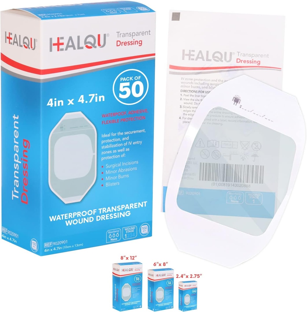 Vestido de filme transparente 4" x 4,75" (50 Pack) – Bandagens de feridas adesivas à prova d'água para chuveiro pós-cirúrgico, Escudo IV, Tattoo Aftercare, Clear Breathable Dressing Patches por HEALQU