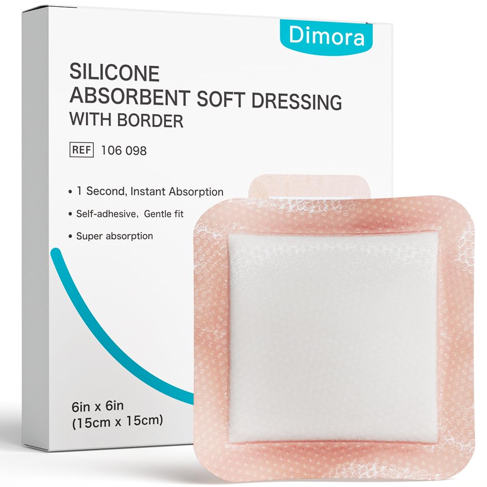 Dimora Silicone Super Absorbent Wound Dressings - Bandagens de adesivo suave com polímero de ultrasorbo, almofadas de cuidado de ferida de exsudato pesado 6"X 6" 10 embalagens