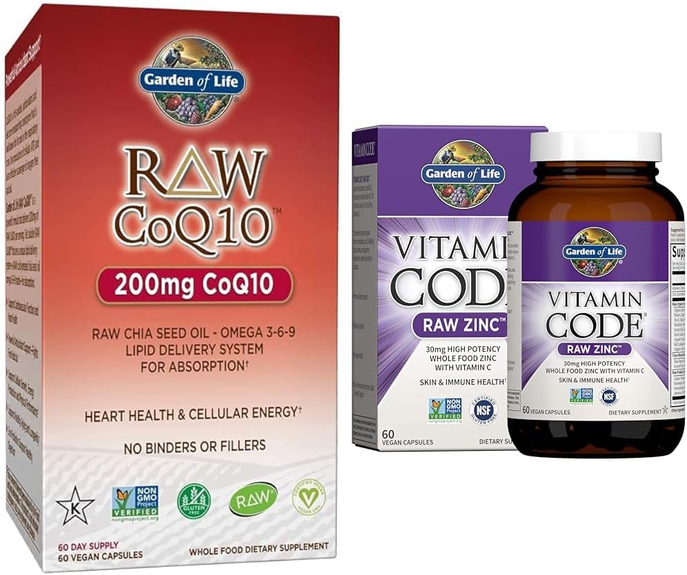 Jardim da vida Vegetarian Omega 3 6 9 Suplemento - Óleo de semente cru CoQ10 Chia inteiro alimento nutrição & Zinco suplementos 30mg de alta potência cru zinco e vitamina C Suplemento multimineral