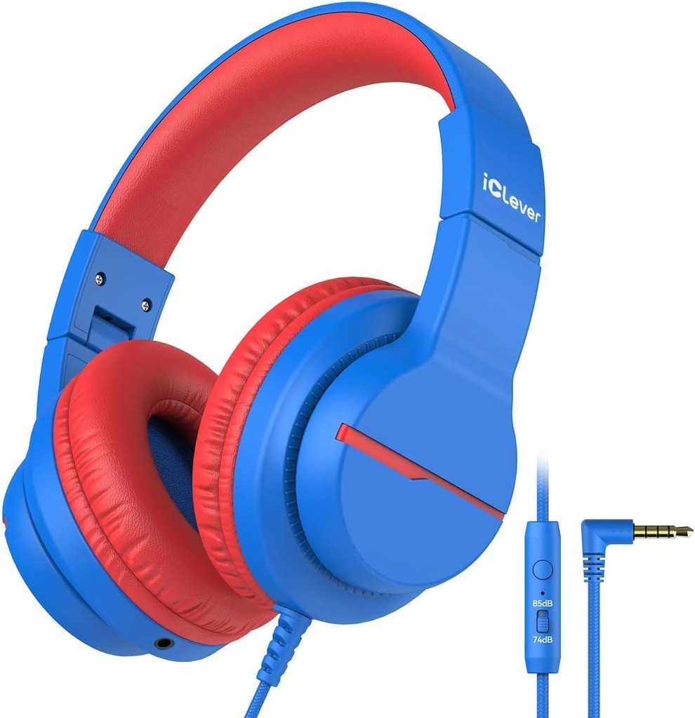 Auscultadores para crianças iClever para viagem escolar, volume seguro limitado, som de Estereo HD Mic Over-Ear Girls Meninos Auscultadores para Kid, FunShare Dobrável 3.5mm Fio para iPad Computer, HS19