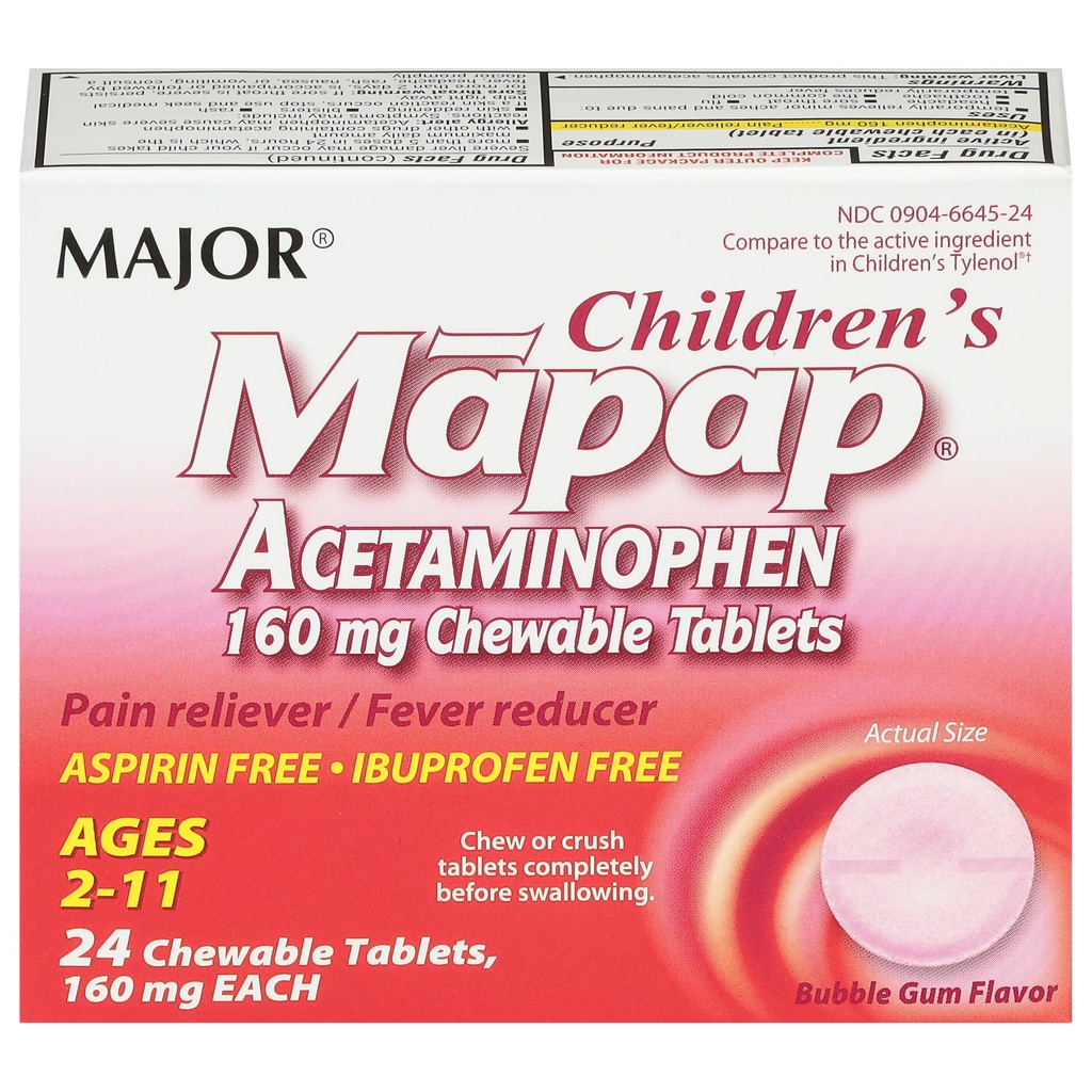 MAJOR Mapap Acetaminofeno 160 mg Comprimidos Mastigáveis - Relíbrio da Dor/Redutor da Febre - Aspirina Livre - Ibuprofeno Grátis - para Idades 2 a 11-24
