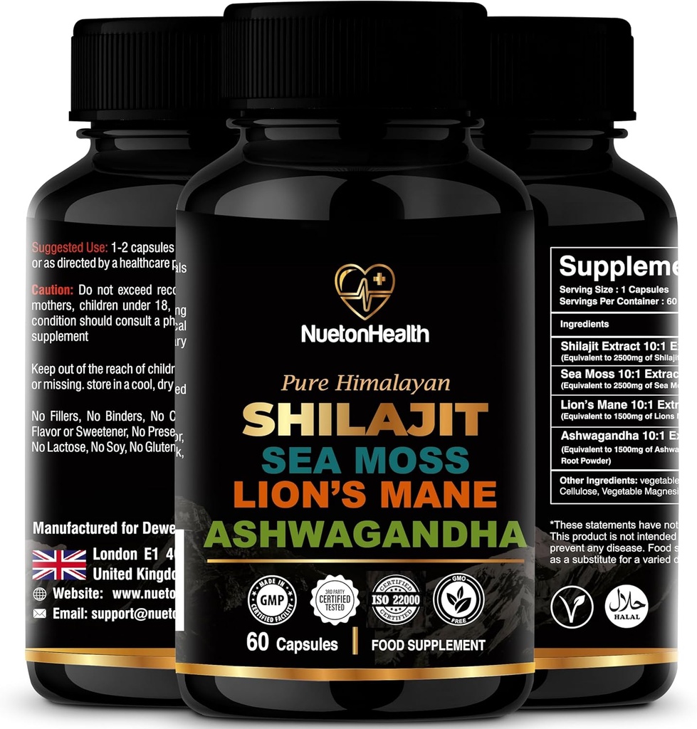 Shilajit, Sea Moss, Mane do leão, e Ashwagandha Cápsulas - Suplemento abrangente Tudo-em-Um Bem-Estar para mente, corpo e vitalidade - 60 Cápsulas Vegan