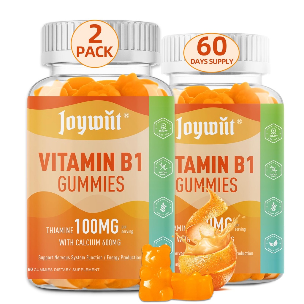 Vitamina B1 Gummies 100mg para adultos e crianças, Thiamine B1 Suplemento com 600mg de cálcio, suportes do sistema nervoso e aumentar a energia, sabor laranja, Não OGM, Vegan, 120 chicletes mastigáveis