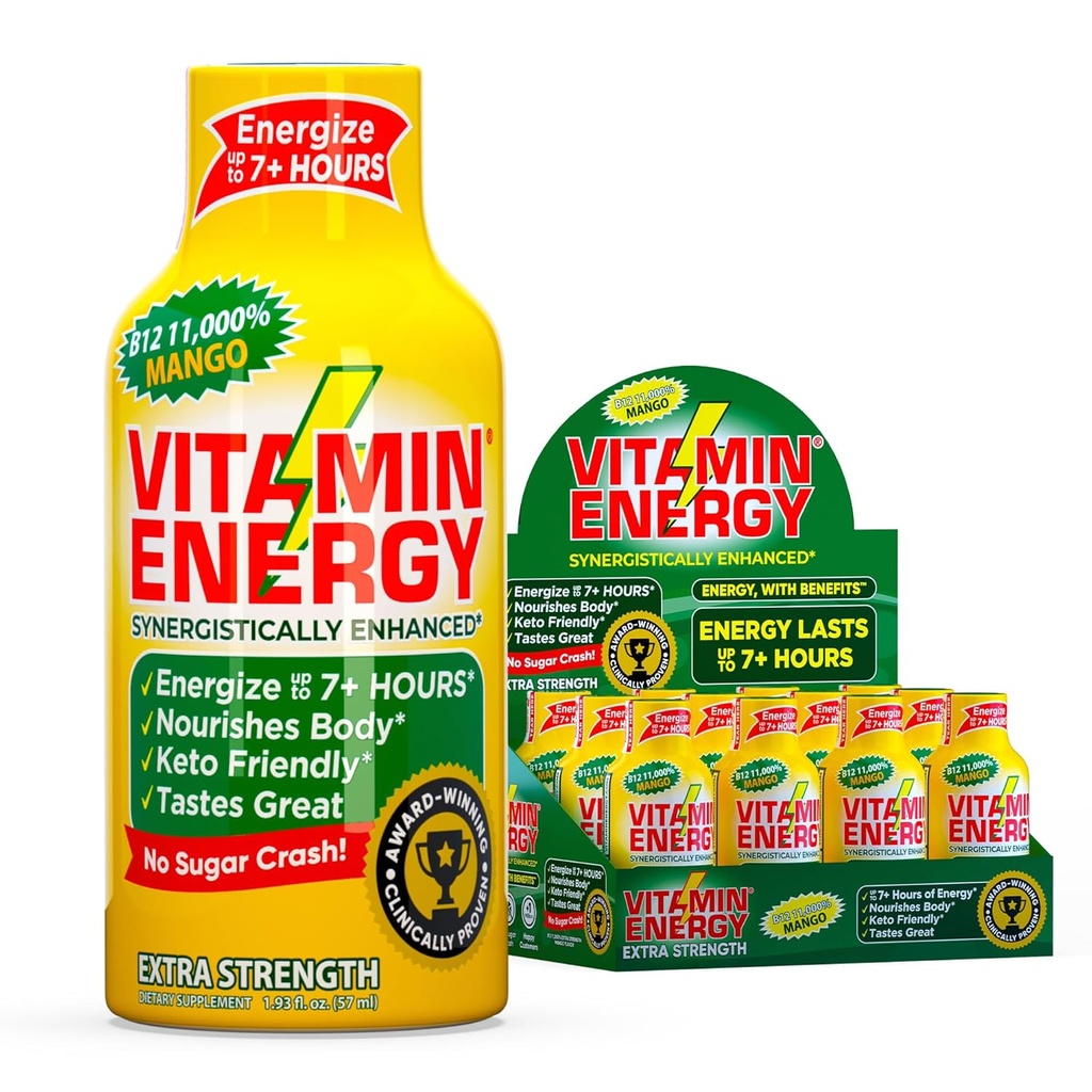 Vitamina Energia B12 11,000% Força extra Energia Shot Mango 12 Pack, 260mg Cafeína Natural, B12 & B6, Foco Nootrópico, Vitalidade, Açúcar Zero, Sem glúten, Vegan, Kosher, 1,93 fl oz