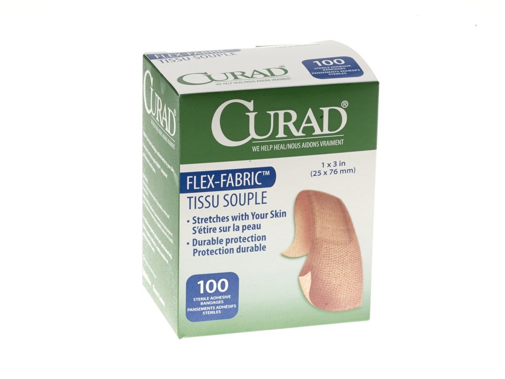 Bandagem adesiva CURAD Flex-Fabric, 1" Largura, 3" Comprimento, embalagem de 100