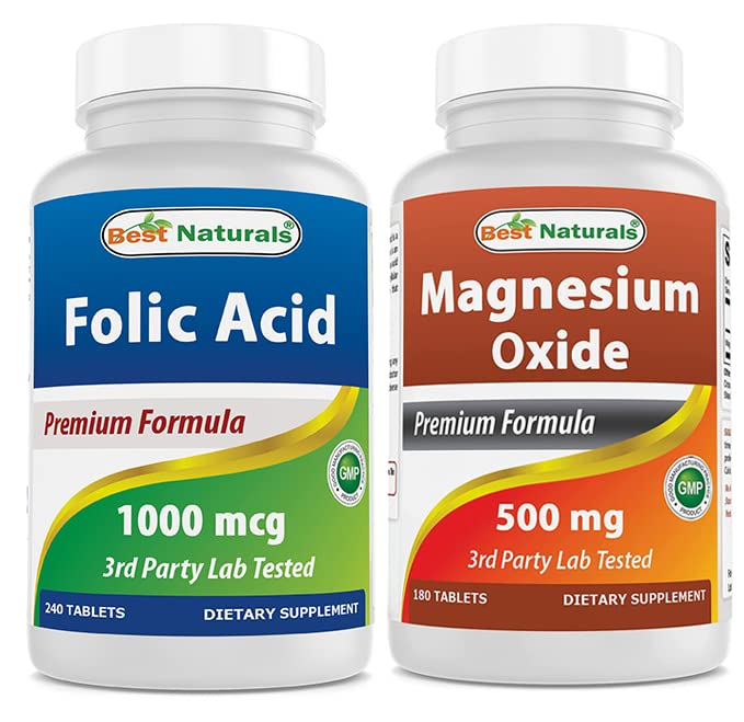 Melhores naturais Ácido Fólico 1000 mcg & óxido de magnésio 500 mg