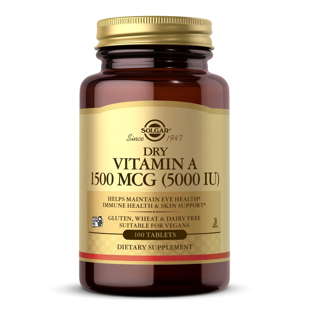 Solgar Vitamina A seca 1500 mcg (5000 UI), 100 Comprimidos - Suporta Olhos saudáveis, Pele & Sistema Imune - Não-GMO, Vegan, Sem glúten, Leite Livre, Kosher - 100 Servings