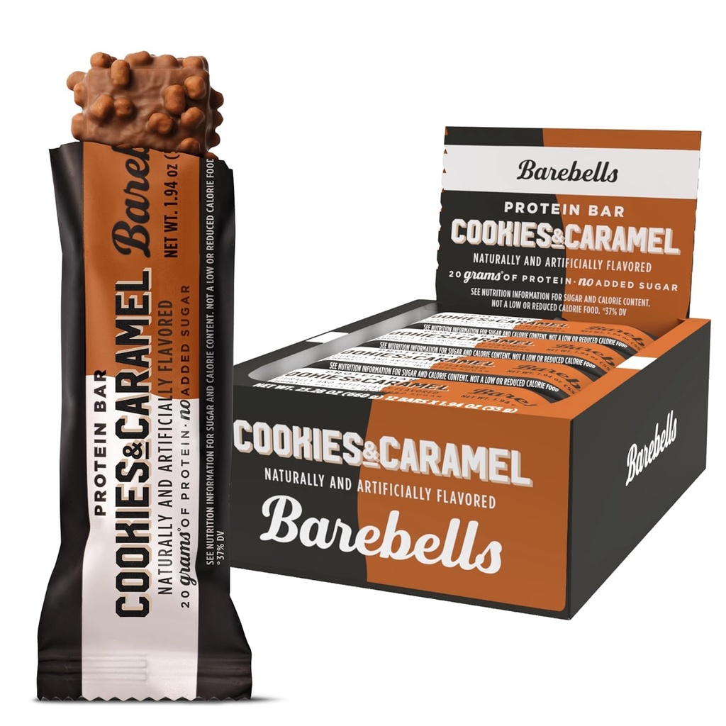 Bares de proteína de Barebells Cookies e Caramel - 12 Count, 20g Alta protein treats - Chocolate Nutrition Bar com 1g Total de Açúcares - Café da manhã on-the-go ou pós-treino