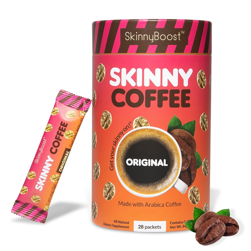 Skinny Boost Instant Skinny Coffee Sticks (Desaromatizado) - Feito com Arábica Coffee Beans, Garcinia Cambogia, Extrato de chá verde, B Vitaminas, Fibra e Prebióticos – Açúcar Free-Keto Friendly (28 pacotes)