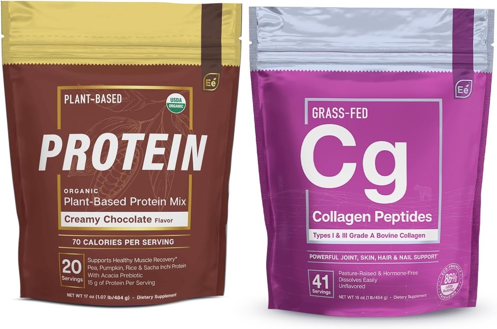Elementos essenciais Hidrolisados Colágeno Peptídeos Pó & Proteína Orgânica de Ervilha em Pó - Chocolate cremoso - Junta, Pele, Cabelo, & Nail Support + Low-carb planta-based Vegan Mistura