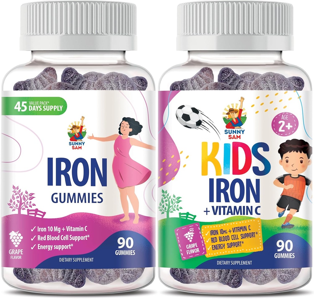 Sunny SAM Pastilhas de Ferro para Crianças e Adultos - Vitaminas de Ferro com Vitamina C, 10mg por Serving - Goma de Fruta Mastigável de Ferro para a Produção de Células de Sangue Vermelha Suporte Imune