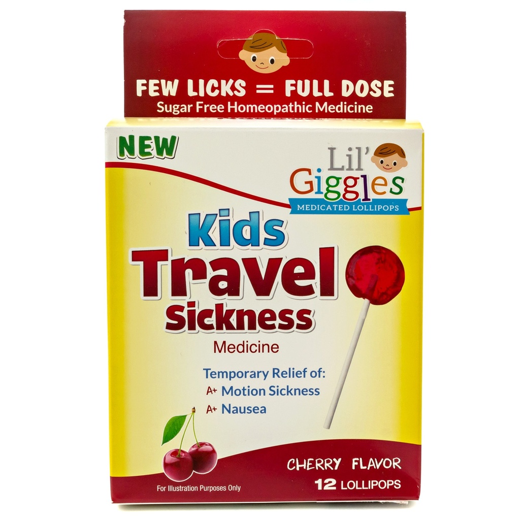 Lil' Giggles Kids medicated pirulitos - doce alívio gentil para crianças e não-drowsy - para doença do carro, náuseas de viagem e movimento alívio doença - Homeopático Remedy amor infantil - Cherry Flavor 12 CT