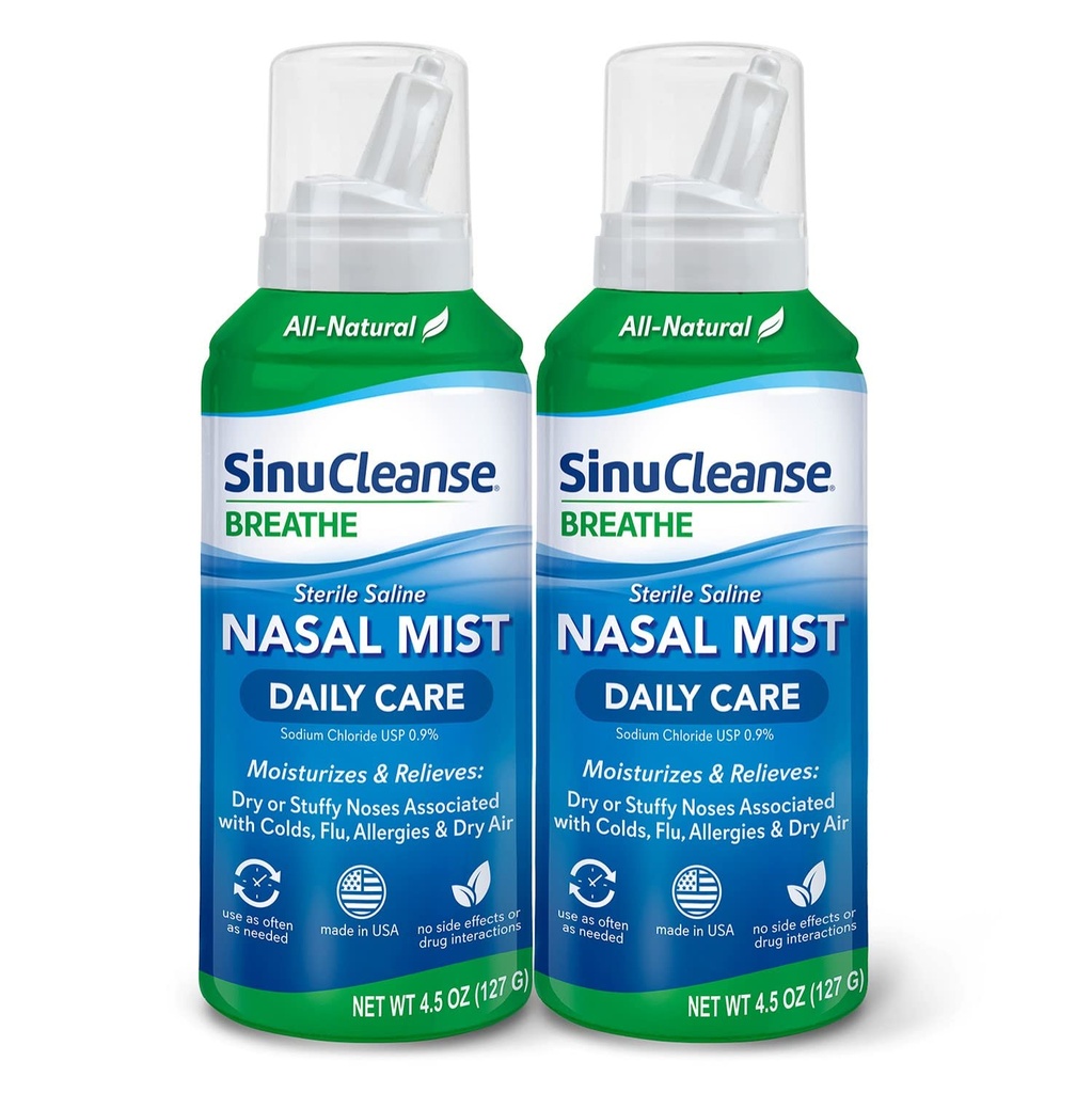 SinuCleanse Cuidado diário Salino estéril Pulverização nasal, Ultra Fine Mist, instantaneamente hidrata e alivia congestão nasal todos os dias devido a resfriados e ar seco, 4,5 Oz (2 Pack), Made in USA