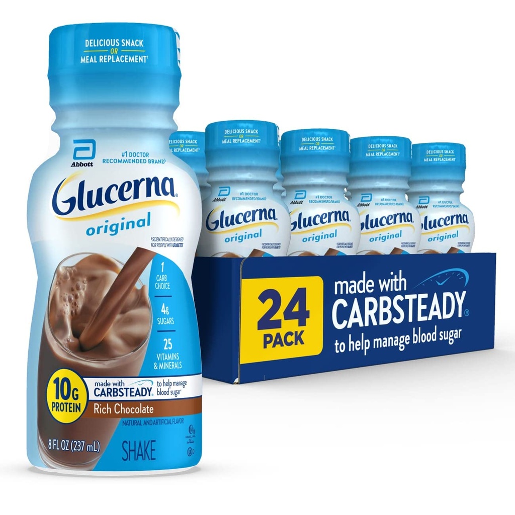 Glucerna Original Diabetes Care Shake, Chocolate rico, Substituição de refeições diabéticas para apoiar o gerenciamento de açúcar no sangue, 10g de proteína, 180 calorias, pronto para beber, garrafa de 8-fl-oz, pacote 24