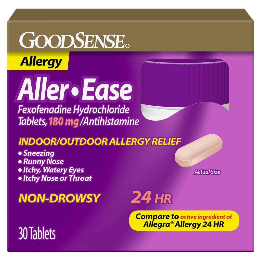 GoodSense Aller-Ease - Hidrocloreto de Fexofenadina 180 mg Comprimidos - Medicina de Alergia 24 horas para alívio interno e externo, 30 contagem