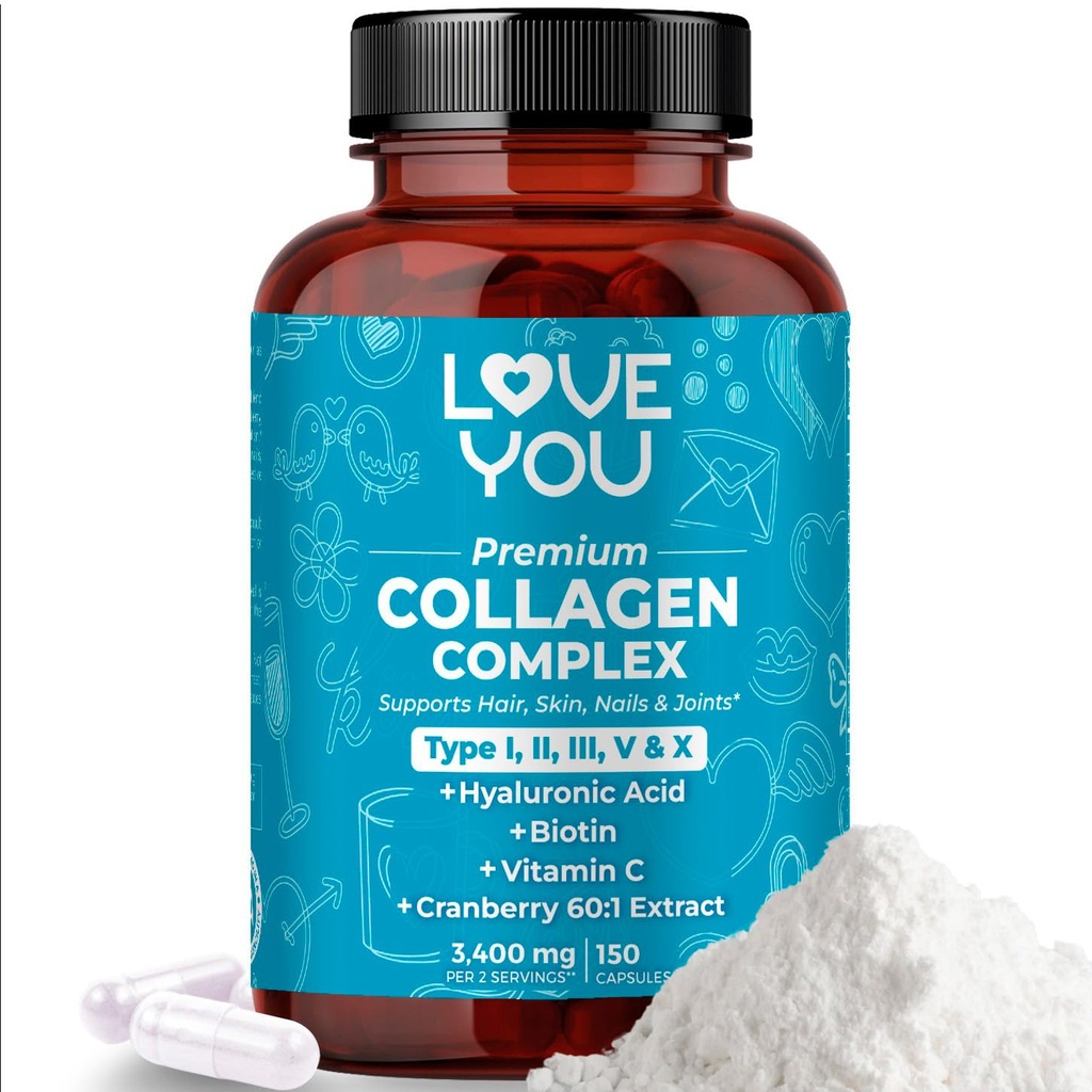 Love You Premium Colágeno Complexo – Tipos I, II, III, V & X – Cabelo, Pele, Unhas, Joias e Gut Suporte – Hidrolisado Bovinos Colágeno Peptídeos – Feita a grama, Não-GMO, 120 Cápsulas, EUA Made