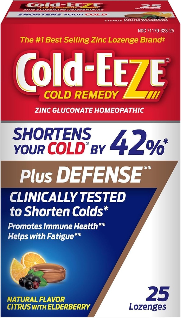 Frio-Eeze Plus Defesa Citrus Natural com Elderberry Zinc Lozenges, Homeopático Cold Remedy, Encurta sintomas frios comuns, Promove a saúde imunológica com Sambucus Nigra, Echinacea e Rose HIPS, 25 Ct