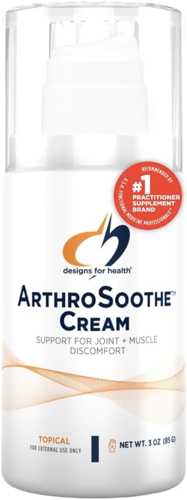 Designs para a saúde ArthroSoothe Cream - Muscle & Joint Support Loção tópica - Características Ácido hialurônico e glucosamina - Feito com óleo essencial de hortelã, eucalipto e árvore de chá - Não-GMO - 3 onças