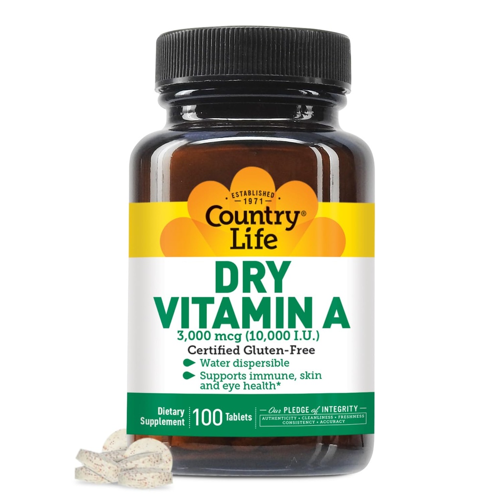 País Vida Vitamina A 10.000 UI - Suporte imunológico, Pele & Suplemento de saúde ocular, Certificado sem glúten, Vegan, Halal, Kosher, 50% Beta-Caroteno & 50% Retinil Palmitate, Fácil absorção - 100 Comprimidos