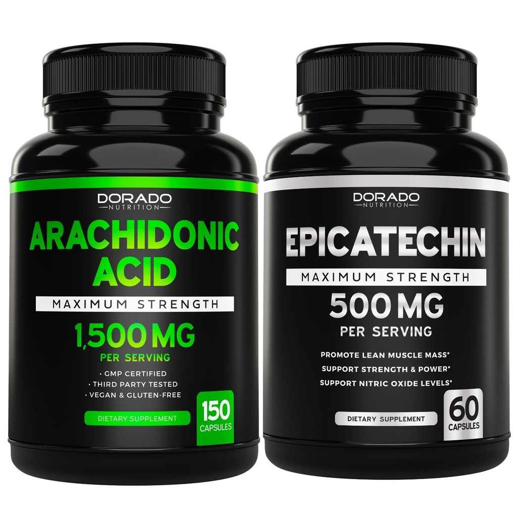 Ácido Araquidônico (150 Cápsulas) - Suplemento muscular e de força para massa muscular e recuperação para homens e mulheres e Epicatechin Extract (60 Cápsulas) Suporta bomba muscular magra e ganhos - Não-GMO & Vegan