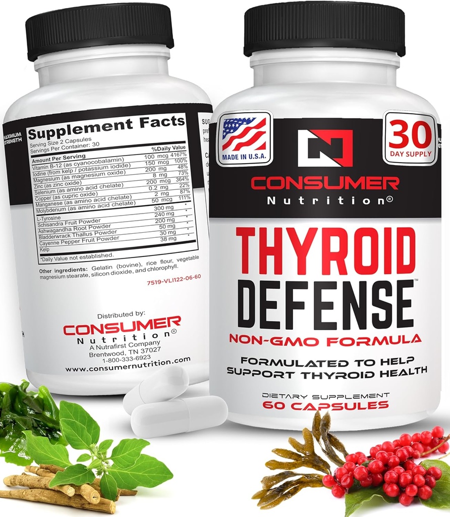 Apoio à tireóide para mulheres e homens - Ashwagandha, Cayenne, Schisandra, & Kelp para a saúde da tireóide - Zinco, vitamina B12 e suplementos de iodo para tireóide - Defesa da tireóide 30 Cápsulas