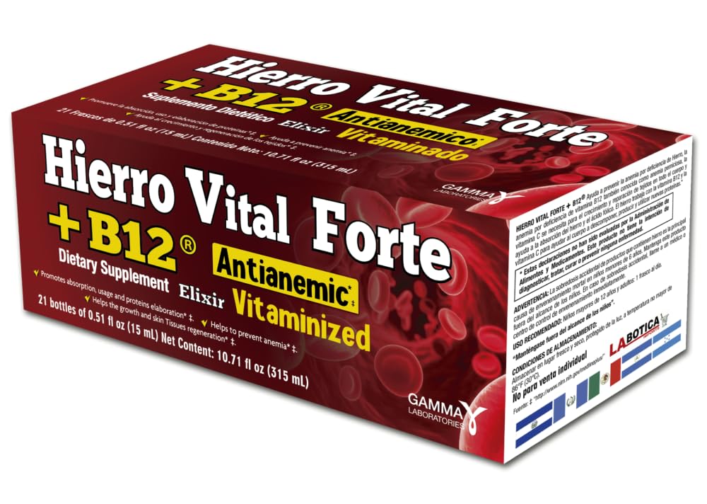 + B12 Suplemento dietético - Antianêmico, Vitaminado, Promove Absorção, Uso e Elaboração de Proteínas, 21 Garrafas (0,51 fl oz Cada)