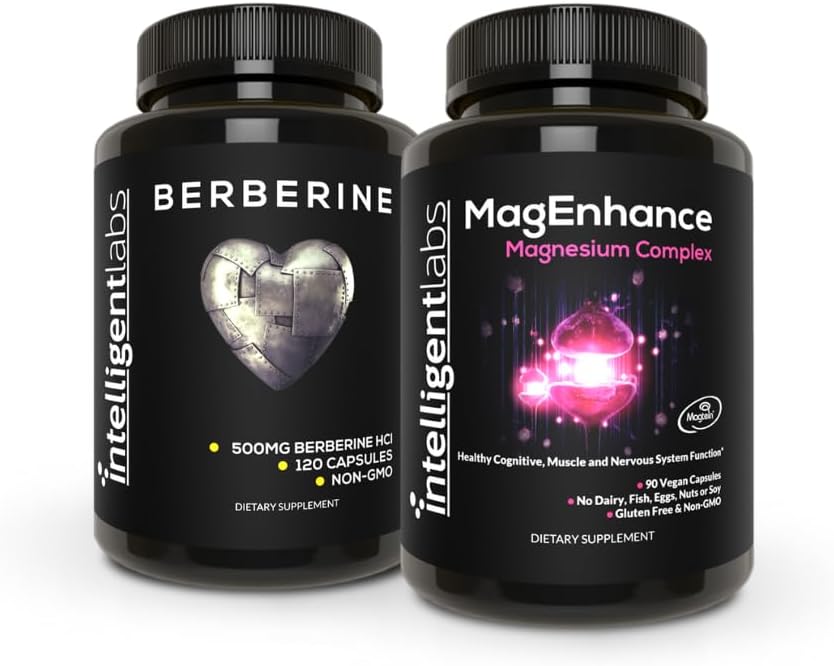 Intelligent Labs 2-em-1 pacote de MagEnhance Magnesium Supplement (Magnesium L-Threonate Complex com Mg Glycinate e Mg Taurate) e Max Força Berberine 500MG Cápsulas