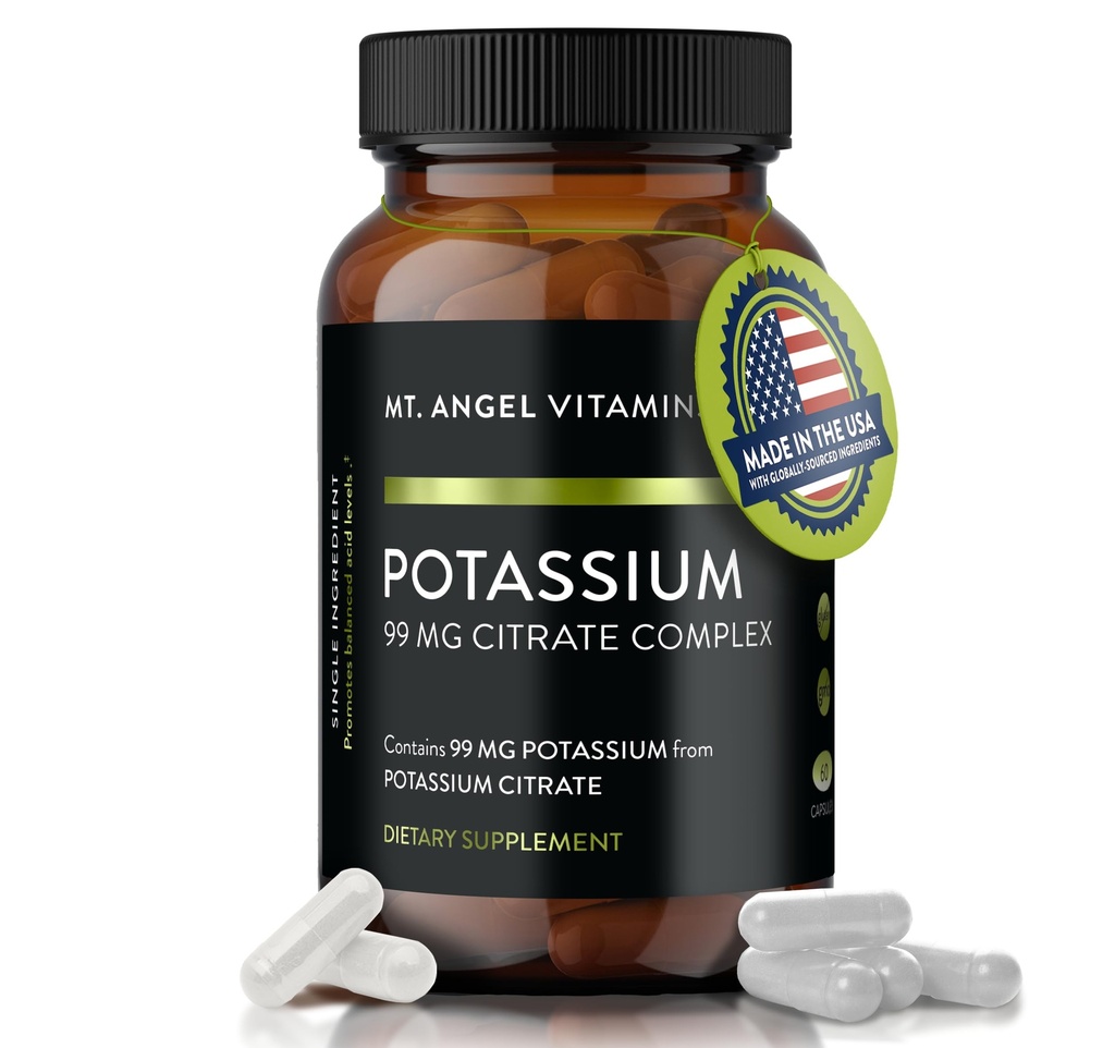 Mt. Angel Vitaminas - Suplemento de potássio, 99 MG Complexo de Citrato de Potássio, 60 Cápsulas
