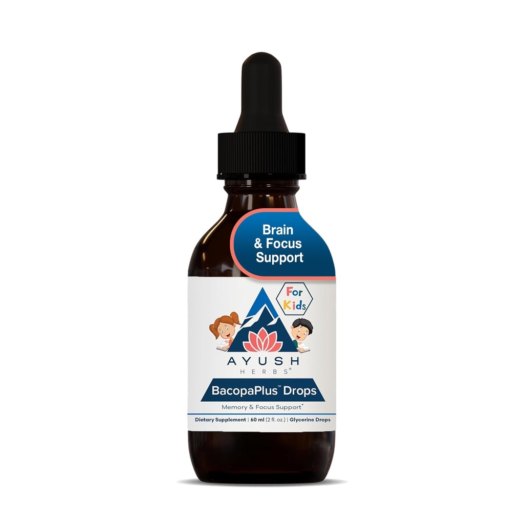 Ayush Herbs BacopaPlus Drops para Crianças - Kids Foco e Suplemento de Atenção com Bacopa, Ashwagandha, Ginkgo, Suporte para Cérebro e Memória, Ingredientes Orgânicos - 2 Fl Oz (80 Servings)